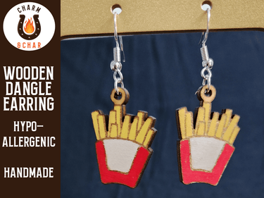 French Fries Wood Dangle Earrings - Food Fashion Earring - Dangle Earring - Charm and Char